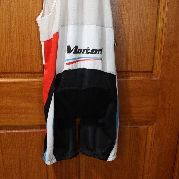 Monton Sports Cycling Bib Shorts Red White Blue Logo Spellout XL Performance - Picture 3 of 14